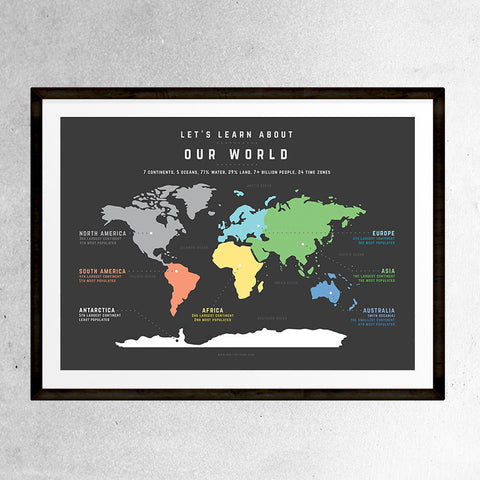 Educational World Map poster by One Tiny Tribe. Top quality, stylish print that inspires learning in little people. www.onetinytribe.com